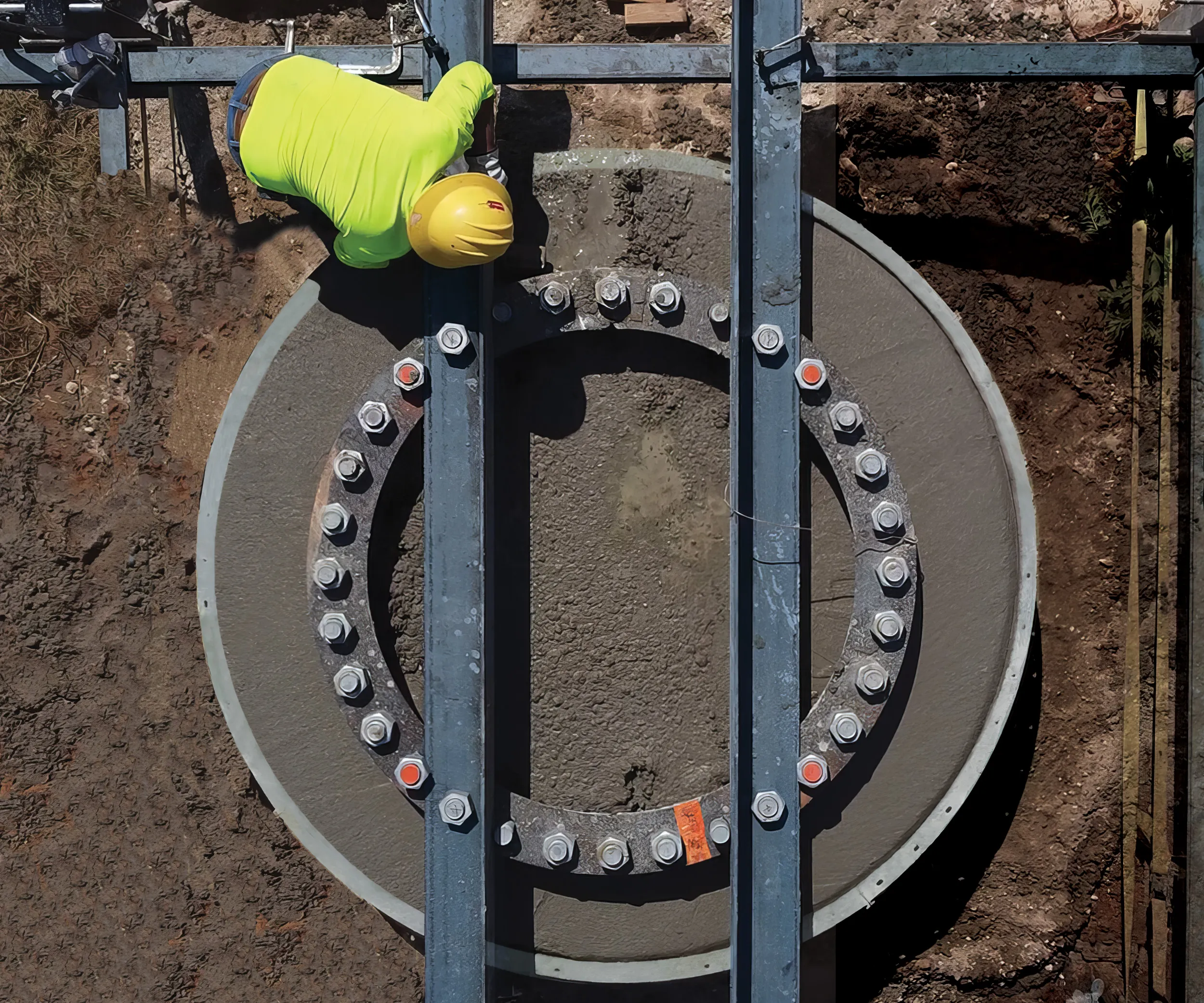 Overhead view of the top of an anchor bolt cage that's been placed in the ground and had concrete poured.