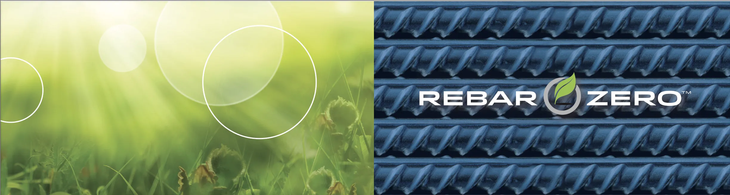 Graphic with a green natural scene to the left and on the right is several rows of rebar with a RebarZero logo overlaid.