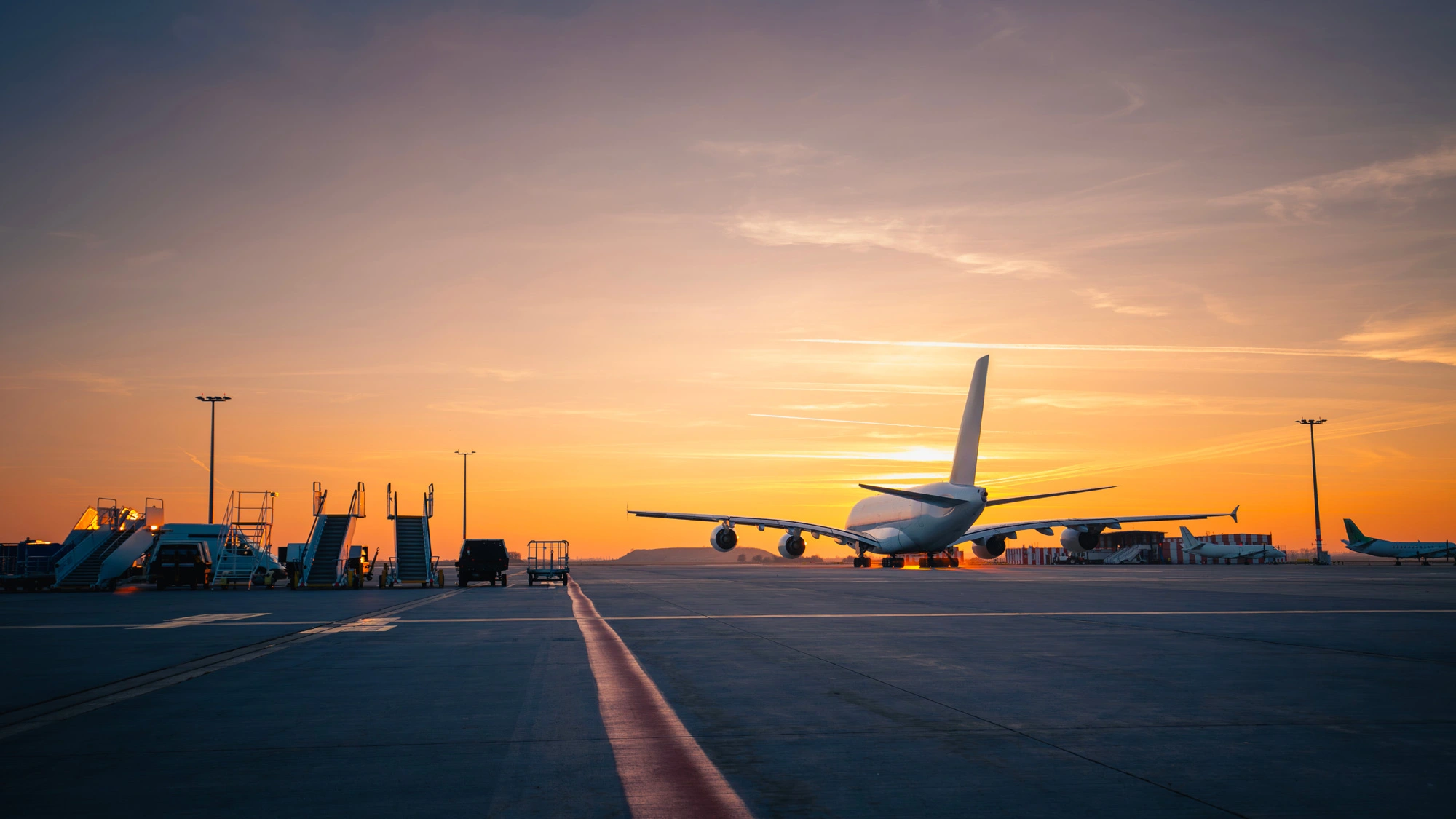 Airplane on a tarmac with the sunsetting in the background