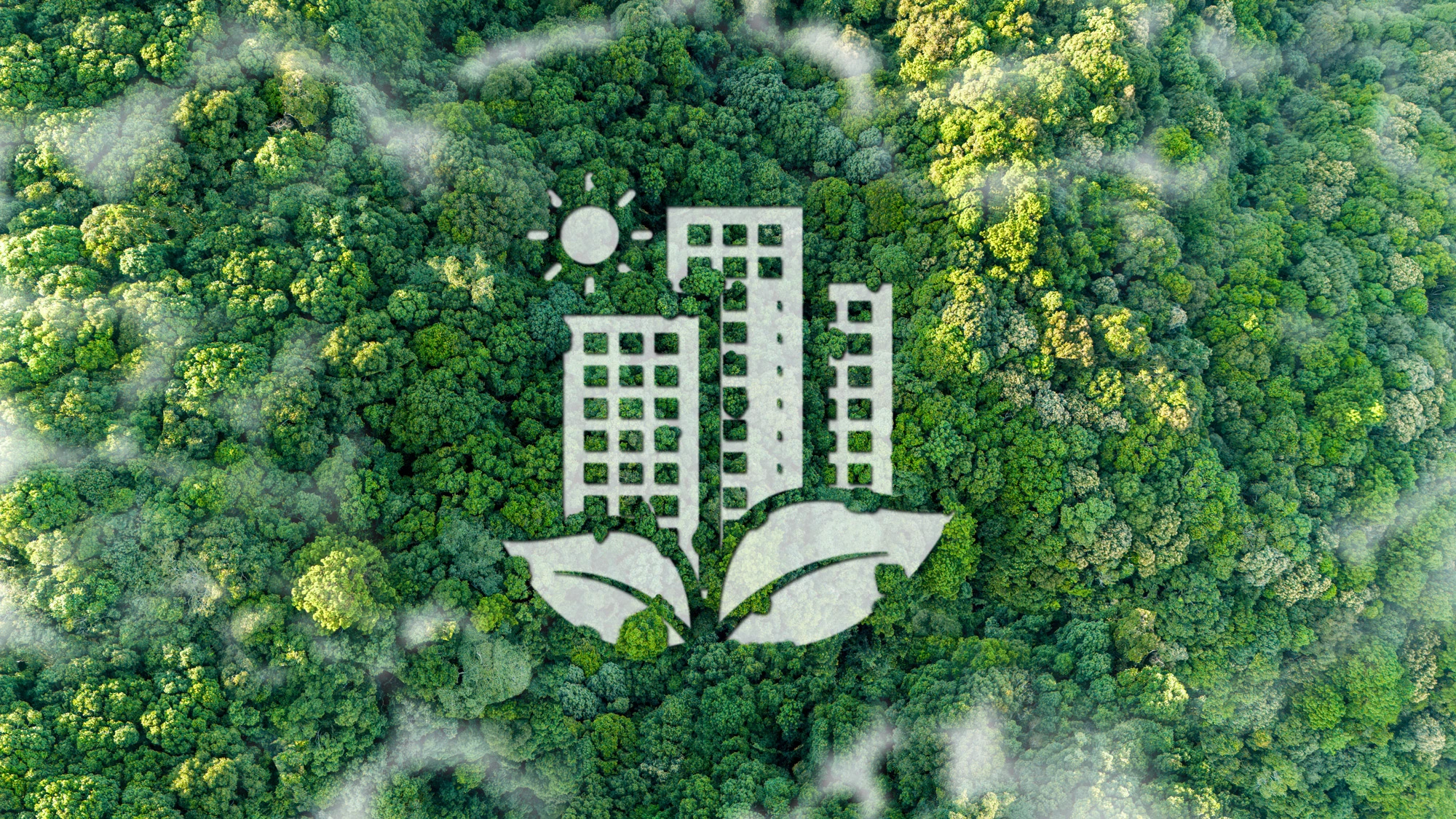 Green image with trees and a building graphic overlay.