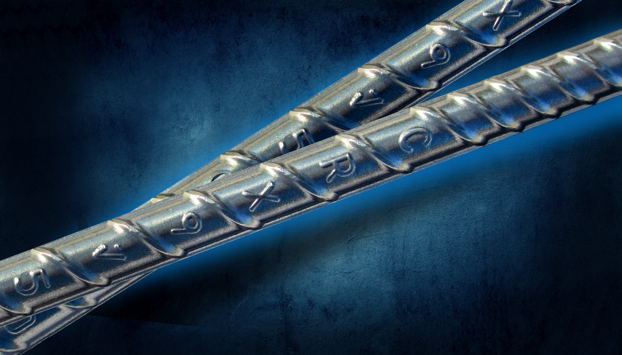 A pair of segments of ChromX rebar crossing over each other on a stylized blue background.