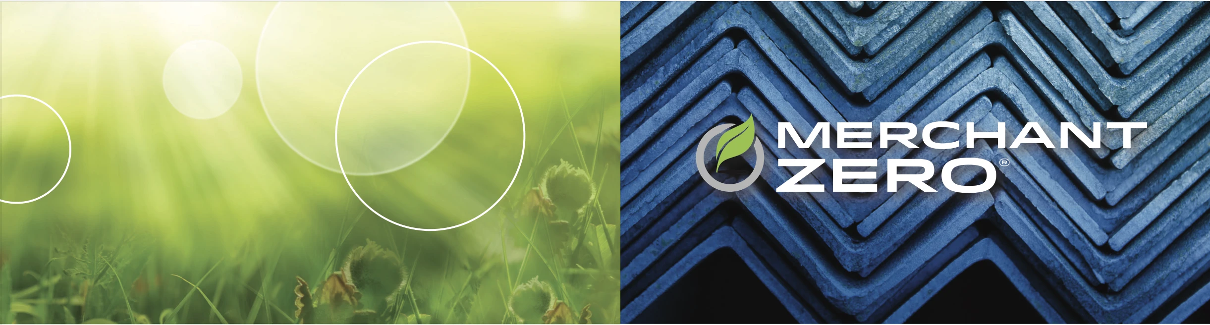 Graphic with a green natural scene to the left and on the right is several rows of rebar with a MerchantZero logo overlaid.