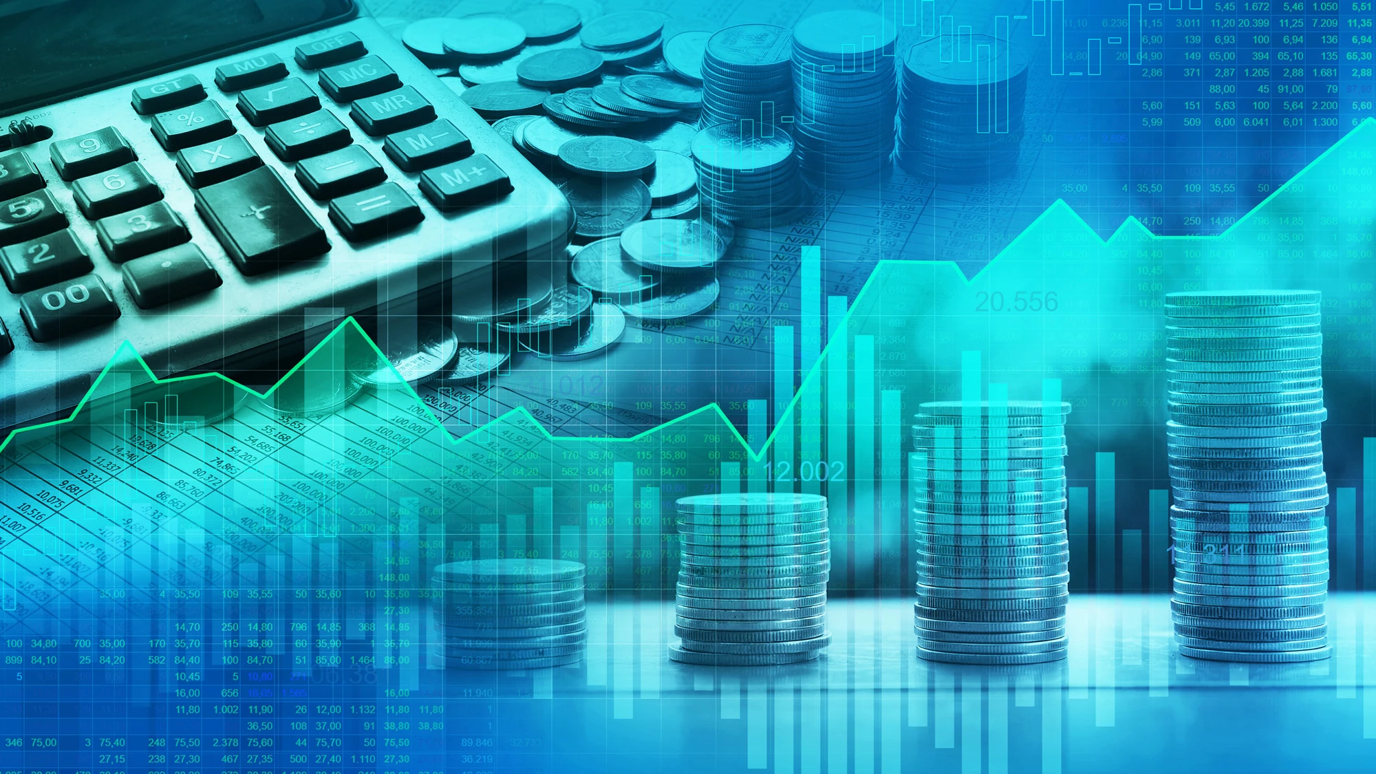 Generic graphic showing stacks of coins, a calculator in the background, and a bar chart and line graph overlaid
